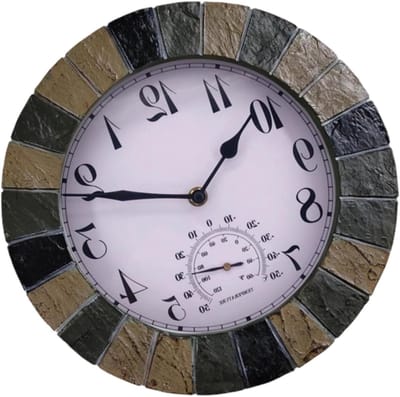 Grote Wandklok - Buitenklok Tuin - Terras Decoratie - Met Thermometer - 32cm Diameter - Meerkleurig