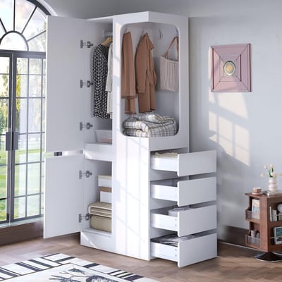 Kledingkast Met Laden - Opbergkast Slaapkamer - Kleding Opbergen - Compact Eendeurs Ontwerp - 70x40x170 cm - Wit