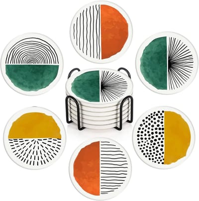 Daity Set van 6 onderzetters voor drankjes - eenvoudige retro ronde graffiti absorberende ronde keramische stenen mat - kamer - bar decoratie cadeau