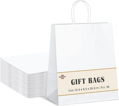 Omgoods - 50 Stuks Witte Kraft Papieren Tassen met Handvatten - Cadeautassen voor Feesten en Verjaardagen