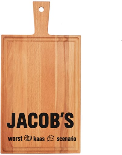 (NAAM)'s Worst Kaas Scenario - Stuur de naam voor gravering door per mail naar info @jmwoods.nl - 38 x 20 cm - Borrelplank - Hapjesplank - Beukenhout - Serveerplank - Gepersonaliseerd