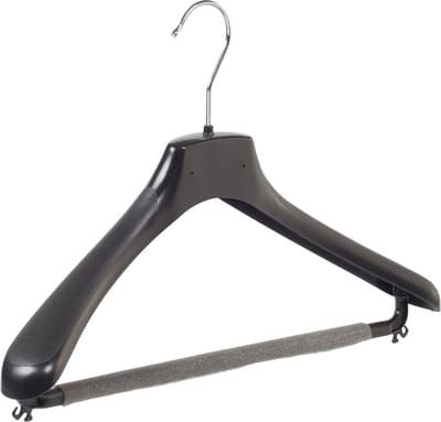De Kledinghanger Gigant - Mantelhanger - Kostuumhanger - Jassenhanger - Volwassenen - HZ40 - 50 Stuks - Kunststof - Zwart - Gebogen Model - Schouderverbreding 4,8 cm - Broeklat met Schuim - 40 cm - Kledinghanger - Kleerhanger - HZ-Serie