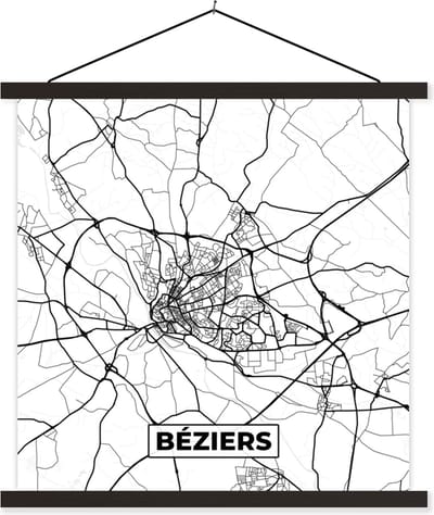 Posterhanger incl. Poster 60x60 cm - Schoolplaat - Frankrijk - Béziers - Plattegrond - Stadskaart - Kaart - Zwart wit - Textielposter - Zwarte latten - Stadskaart