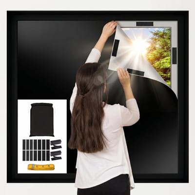 MUPOO Verduisterende gordijnen Kant en Klaar Zelfklevende- Draagbaar verduisteringsgordijn met Klittenband-Op Maat te Knippen-DIY Verduisteringsdoek-Incl. Opbergtas -blackout curtains voor Grote Ramen & Dakraam-Zwart/Zilver-145x100 cm-1 stuk