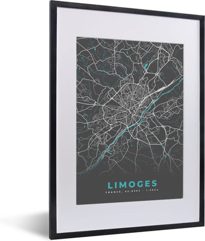 Fotolijst incl. Poster - Frankrijk - Plattegrond - Kaart - Stadskaart - Limoges - 30x40 cm - Posterlijst