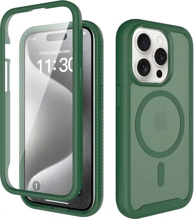 Hoesje met Ingebouwde Screenprotector Geschikt voor Apple iPhone 15 Pro - Compatibel met MagSafe / Qi2 - Full Protect - Schokbestendige Beschermhoes - Case Matte Groen