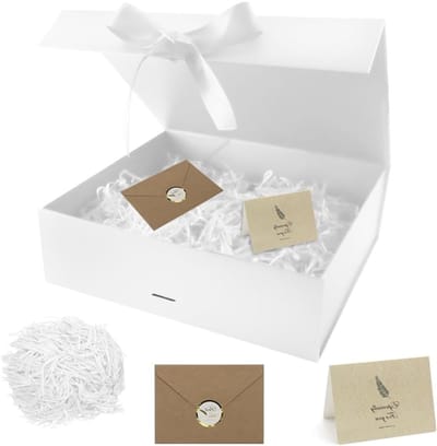 Magnetische Cadeaubox met Deksel, 30 x 24 x 10 cm, Witte Vouwbare Cadeaubox met Lint, Inclusief Wenskaart en Bast, Herbruikbaar voor Cadeauverpakking en Feestelijke Gelegenheden
