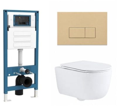 QeramiQ Dely Swirl Toiletset - inbouwreservoir Qeramiq Flush - slim zitting - kunststof beige bedieningsplaat - rechthoekige knoppen - glans wit