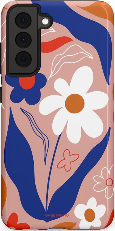 Casetastic hoesje geschikt voor Samsung Galaxy S21 FE 5G - Dubbellaagse bescherming - Eenvoud in bloei - Fashion Case - Perzik Donkerblauw Wit