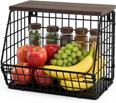 Hangende fruitschaal, hangmanden voor keuken, metalen groentemanden, keukenmanden, stapelbaar, met houten deksel en schroeven, voor snack en fruit, opslag van groenten, zwart