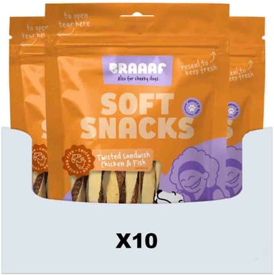 Braaaf Hondensnack Twisted Sandwich Kip - Vis - 10 x 85 gr - Voordeelverpakking
