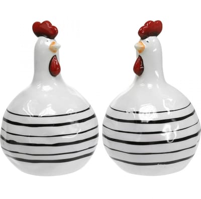 Decoratief kip zwart-wit gestreept keramiek figuur Pasen H17cm 2st, 2