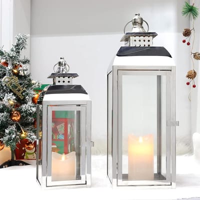 JHY DESIGN Hangende kandelaars van roestvrij staal, 52 cm en 38 cm hoog, set van 2 pagode kaarslantaarns, grote kandelaar voor binnen, feest, bruiloft, woonkamer, graden, entree, buiten balkon