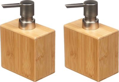 Berilo zeeppompje/dispenser Bamboo - 2x - lichtbruin/zilver - hout - 10 x 6 x 15 cm - 500 ml - badkamer/toilet/keuken