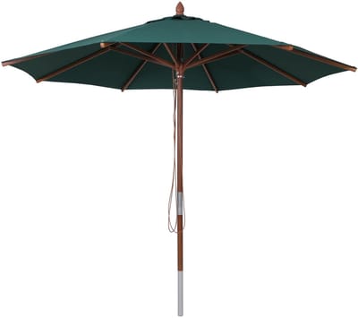 Horeca houten parasol MCW-C57b, tuinparasol, polyester/hout 14 kg, rond Ø 3 m, met trekkoord, schokbestendig ~ donkergroen