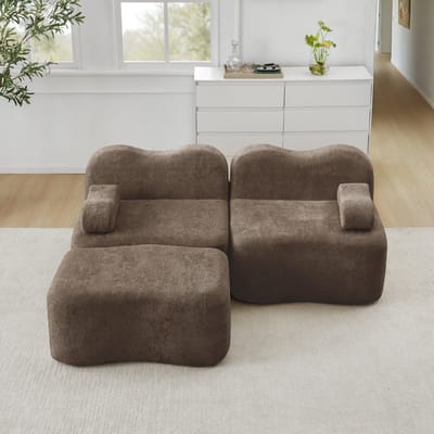 MODFU Modulaire Hoekbank Met Hocker - Golfvorm - Voor Woonkamer - Fluweel - Bruin