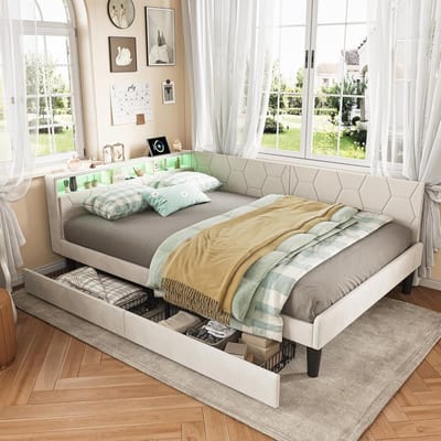 Gestoffeerde Bedbank - Slaapbank Bank - Ruimtebesparend Slapen - Geïntegreerde LED Verlichting - 140 x 200 cm - Beige