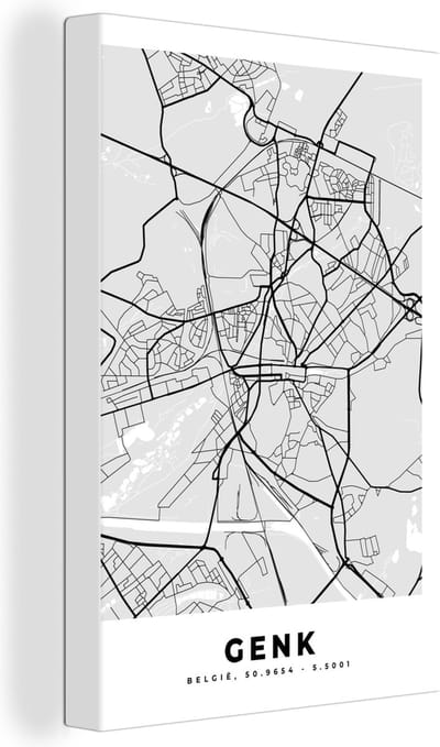 Canvas Schilderij België – Genk – Stadskaart – Kaart – Zwart Wit – Plattegrond - 20x30 cm - Wanddecoratie
