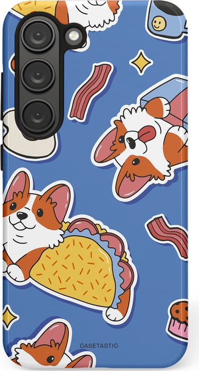 Casetastic Hoesje Geschikt voor Samsung S23 - Stijlvolle Beschermende Duo-layer Case - Corgi en Snacks
