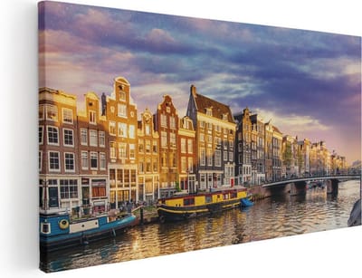 Artaza Canvas Schilderij Amsterdam - 40x20 cm - Klein - Wanddecoratie Grachten - Muurdecoratie Skyline - Schilderijen Op Canvas