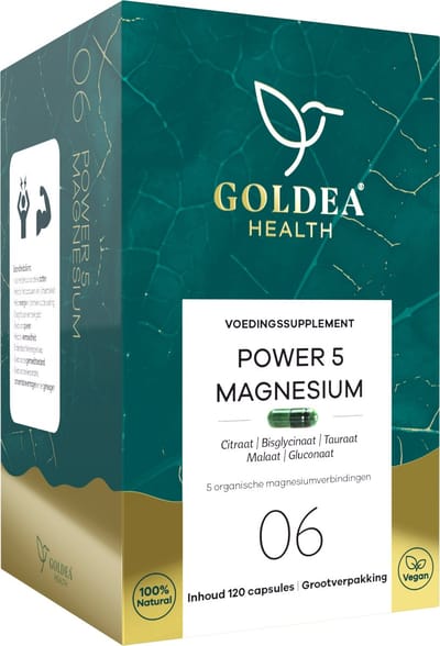 Goldea Health Power 5 Magnesium - 120 capsules - Vegan - Voedingssupplement - Magnesium Bisglycinaat, Citraat, Malaat, Tauraat, Gluconaat