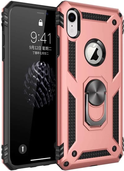 HB Hoesje Geschikt voor Apple iPhone XR - Anti-Shock Hybrid Armor Back Cover - Hoes met Kickstand Ring - Rosegoud