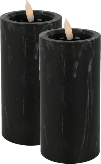Excellent Houseware LED kaars - 2x -zwart marmer - D7,5 x H15 cm -met timer