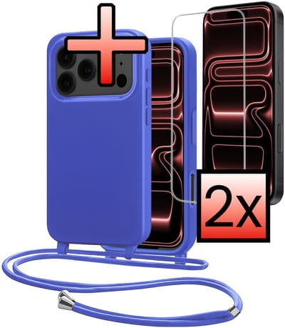 Hoes Geschikt voor iPhone 17 Pro Met Telefoonkoord Met 2x Screenprotector - Siliconen Hoesje Backcover Met Ketting - Felblauw