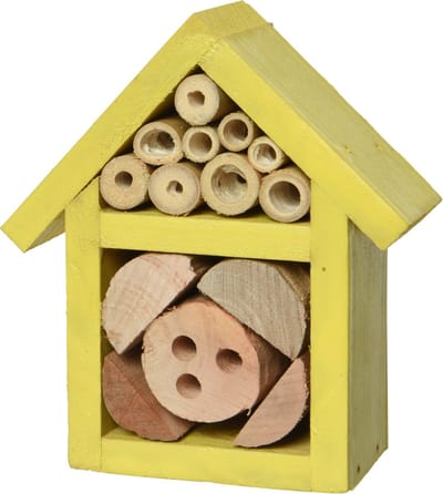 Klein geel vlinderhuis/bijenhuis/wespenhotel voor insecten 11 cm - Tuindecoratie - Diervriendelijk - Hotel/huisje voor insecten - Bijenhuis/vlinderhuis/lieveheersbeestjehuis