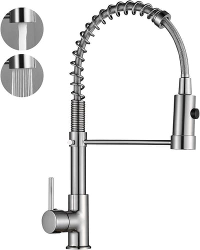 JGS Premium - Geborstelde Nikkel Keukenkraan met Pull Down Sproeier en Pot Filler - Lente Hals - Aanrechtkraan - Modern Design