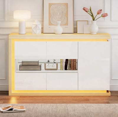 STILVORA Dressoir - Hoogglans Opbergkast Met Led En Glazen Deuren - Voor Woonkamer Hal En Kantoor - Spaanplaat - 140x40x84 Cm - Wit;Natuurlijk