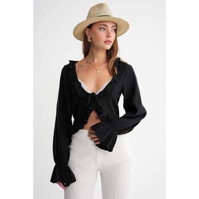 Frilly V-hals Lange Mouw Crop Blouse