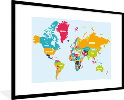 Poster in lijst - Fotolijst 90x60 cm - Posters - Wereldkaart - Kleuren - Letters - Kinderen - Jongens - Meisjes - Posterlijst zwart - Decoratie - Wanddecoratie woonkamer - Muurdecoratie slaapkamer