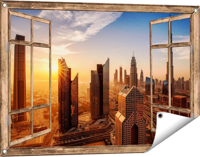 Gards Tuinposter Doorkijk Dubai Stad bij Zonsopgang - 90x60 cm - Tuindoek - Tuindecoratie - Wanddecoratie buiten - Tuinschilderij