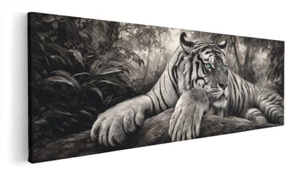 Artaza Canvas Schilderij Tijger In Het Bos - Zwart Wit Met Blauwe Ogen - 90x30 cm - Wanddecoratie Woonkamer - Schilderijen - Muurdecoratie