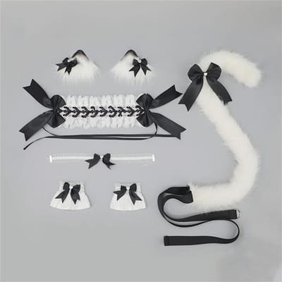 5 Stuks/Set Harige Kattenoor Haarspeldjes Hoofdband Strik Choker Polsband Pluche Kattenstaart Schattige Lolita Anime Feest Cosplay Accessoires ear tail white