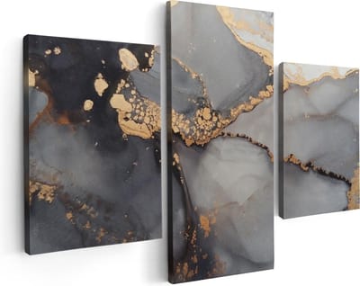 Artaza Canvas Schilderij Drieluik Abstracte Kunst - Grijze Marmer met Goud - 90x60 - Foto Op Canvas - Canvas Print
