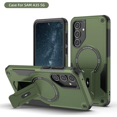 Armor Magnetische Telefoonhoesje voor Samsung Galaxy A55 A16 A35 A25 A05 A54 5G Magsafe Draadloos Opladen Met Standaard Schokbestendige Cover For Galaxy A35 5G groen
