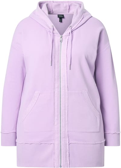 Ulla Popken - Dames - Hoodie-jack open afgewerkte kanten capuchon V-hals - Lavendel - Maat 42+
