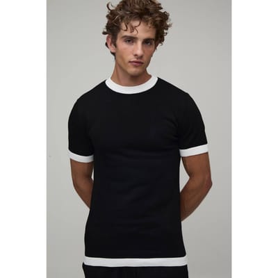 Muscle Fit Ringer Gebreid T-shirt | Black | Size XS