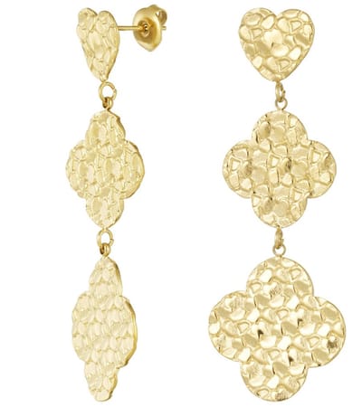 Joy Ibiza - hartje klaver oorbellen - 2 klaver bloemen en 1 hartje - vlinder sluiting - ear party boho - bohemian style - stainless steel - ip/pvd goldplated