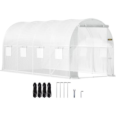 Serre tunnel d'entrée, 15 x 6,5 x 7 pieds Serre portable pour plantes avec arceaux en acier galvanisé, 1 traverse supérieure, 2 x poteaux diagonaux, 2 portes zippées et 8