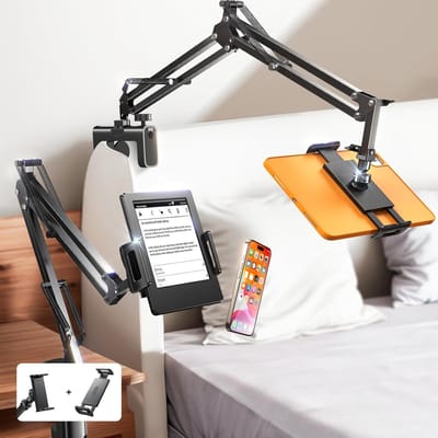 Famanu – Superflexibele tablethouder met lange arm en dubbele klem voor tablet en smartphone