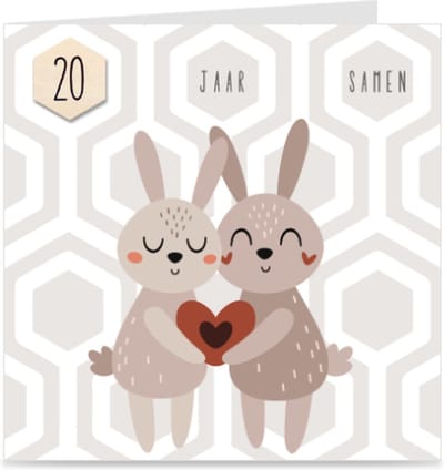 20 JAAR SAMEN | kaart / wenskaart met envelop | KONIJNTJES | voor relatie / partners / koppel