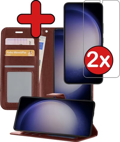 Hoesje - Met 2x Screenprotector - Geschikt voor Samsung Galaxy S23 - Luxe Pasjeshouder - Flip Case - Bookcase Portemonee - Kunstleer Book Case - Flipcase Hoes - Book Cover - Walletcase - Portemonneehoes - Telefoonhoes - Bruin