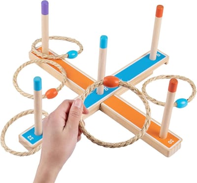 Werpspellen Ring - Ringspel Hout - Buiten Spelen - Verbeter Coördinatie - 5 Palen - Houtkleur