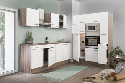 Goedkope keuken 360 cm - complete keuken met apparatuur Oliver - Donker eiken/Wit - keramische kookplaat - afzuigkap - oven - magnetron - spoelbak