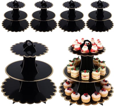 6 stuks taartstandaard, karton, zwart, 3 etages, cupcake-standaard van karton, muffinstandaard voor cupcakes, muffins, bruiloft, feesten