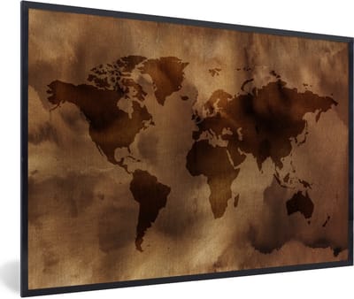 Poster in lijst - Fotolijst 90x60 cm - Posters - Wereldkaart - Bruin - Patronen - Posterlijst zwart - Decoratie - Wanddecoratie woonkamer - Muurdecoratie slaapkamer