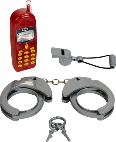 Klein Toys 3-delige politie set - handboeien, fluitje en mobiele speelgoedtelefoon - rood/grijs